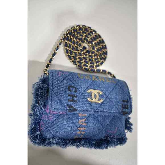 Chanel 22P Blue Denim Graffiti CC Logo Shoulder Crossbody Clutch Credit Card Bag - Picture 8 of 12